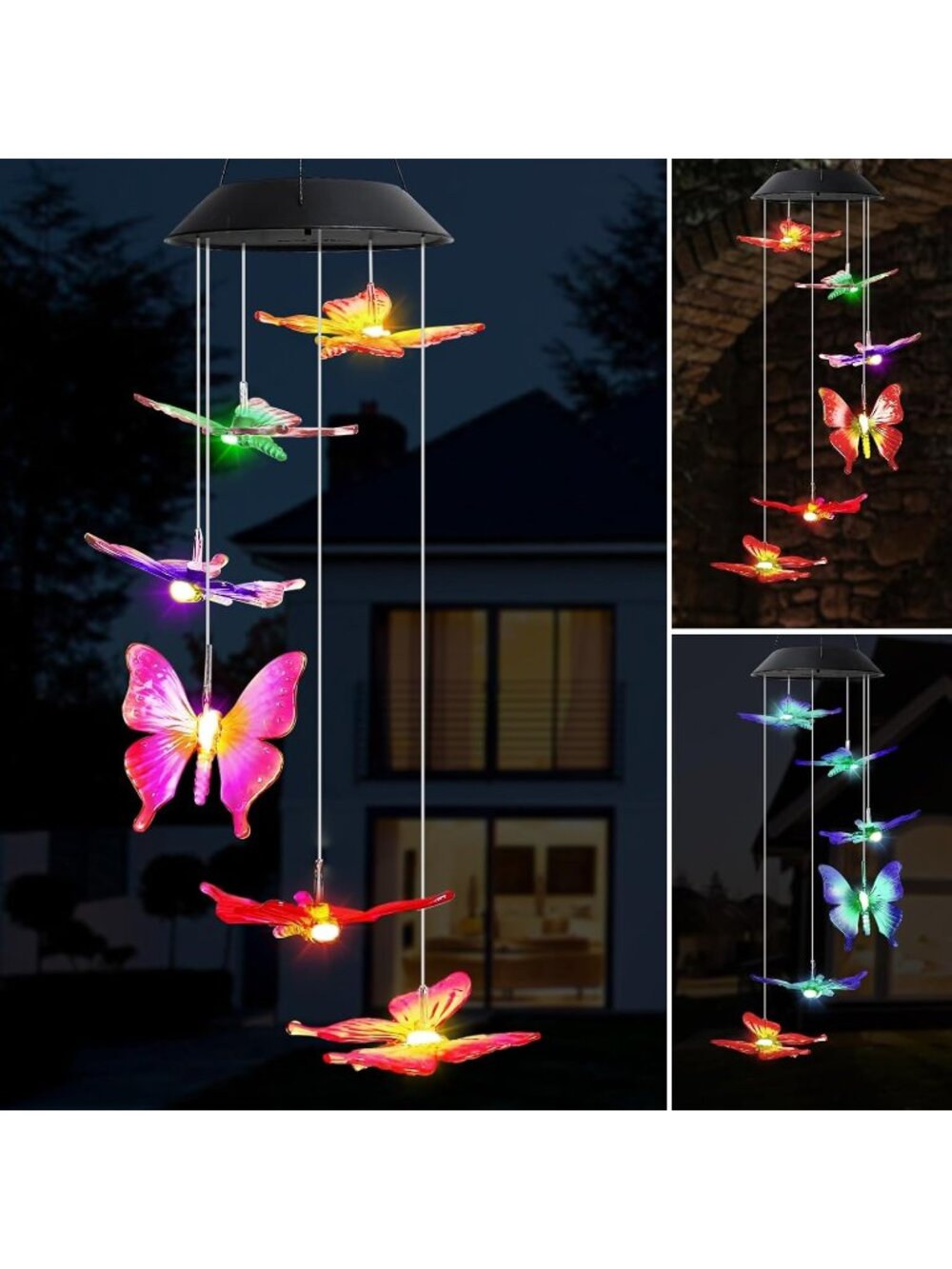 New 25" LED Solar Wind Chime, Color Changing Solar Butterfly